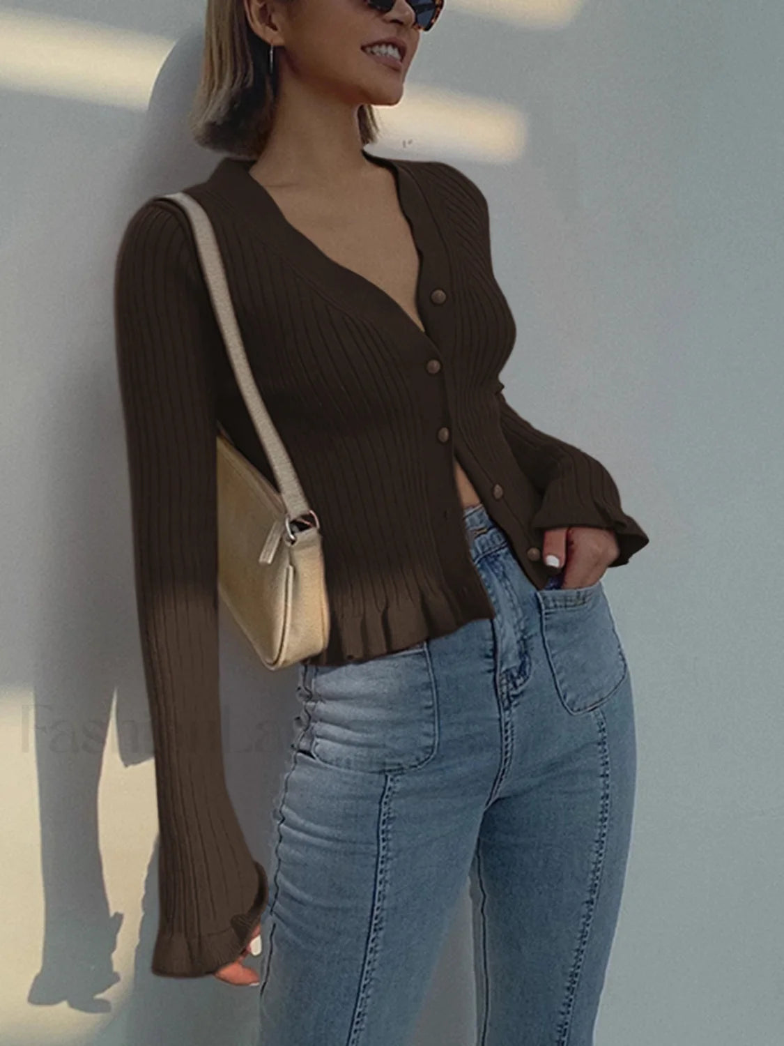 Ruffled Trim Pearl Button Long Sleeve Cardigan Light Brown / XS Cardigans