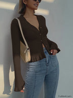 Ruffled Trim Pearl Button Long Sleeve Cardigan Light Brown / XS Cardigans