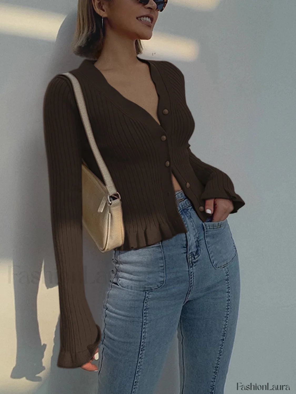 Ruffled Trim Pearl Button Long Sleeve Cardigan Light Brown / XS Cardigans