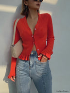 Ruffled Trim Pearl Button Long Sleeve Cardigan Red / XS Cardigans