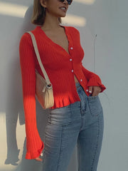 Ruffled Trim Pearl Trendy Button Long Sleeve Cardigan Sweaters L