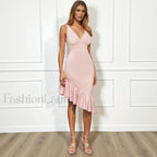 Ruffled V Neck Midi Dress