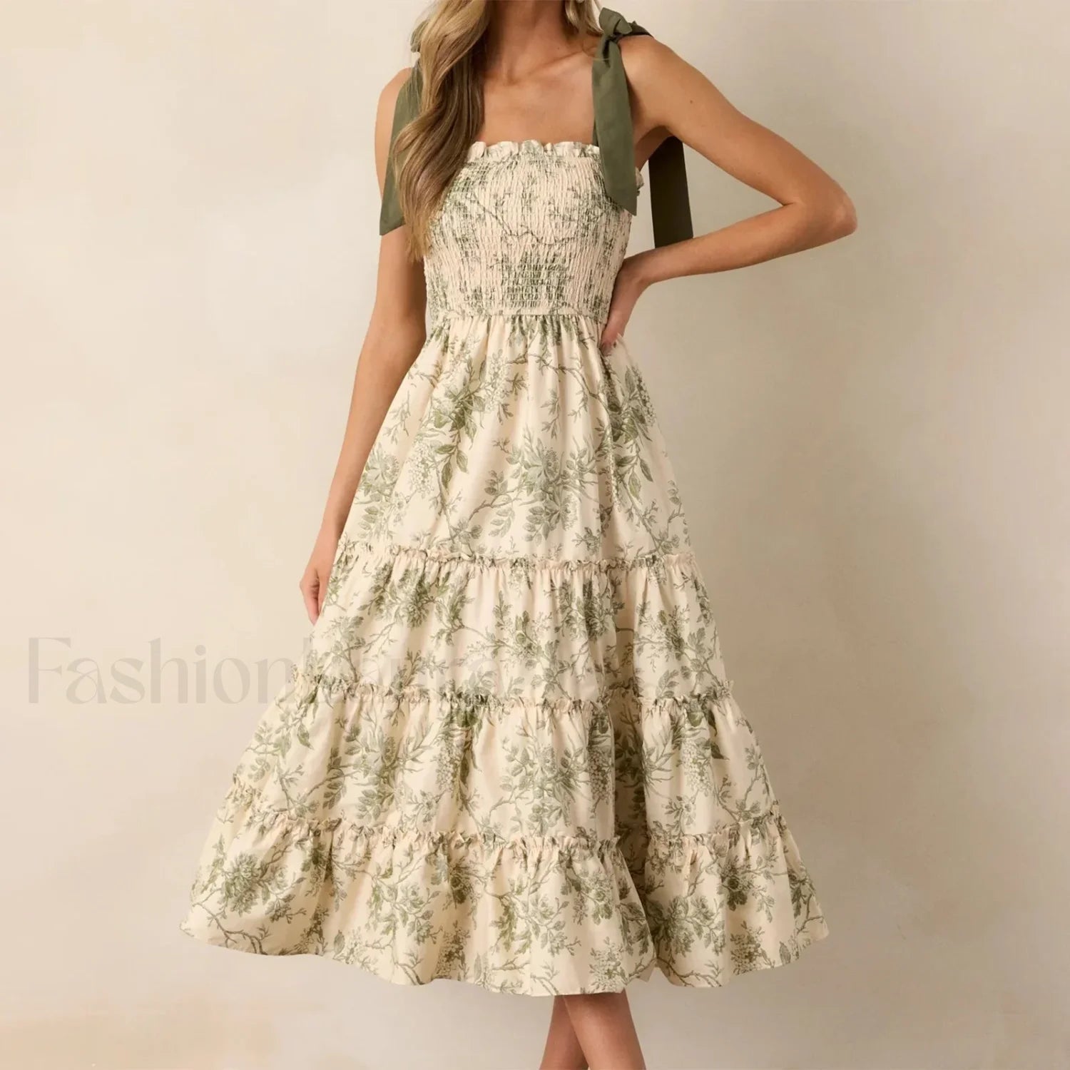 Ruffled Wide Strap Midi Dress Green / S Main image