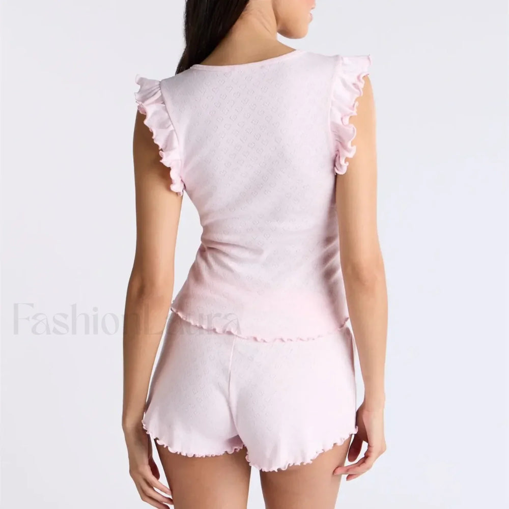 Ruffles Button Front Tank Top Shorts Two Piece Set