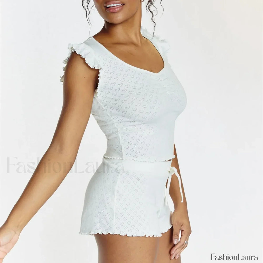 Ruffles Button Front Tank Top Shorts Two Piece Set