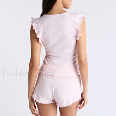 Ruffles Button Front Tank Top Shorts Two Piece Set