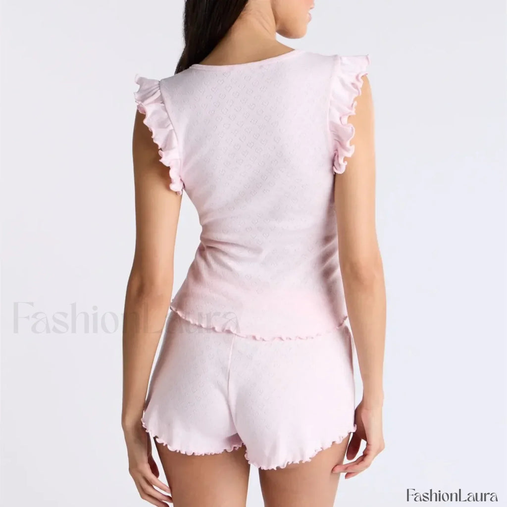 Ruffles Button Front Tank Top Shorts Two Piece Set