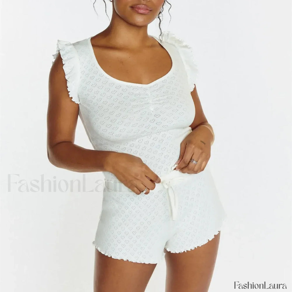 Ruffles Button Front Tank Top Shorts Two Piece Set WHITE / S