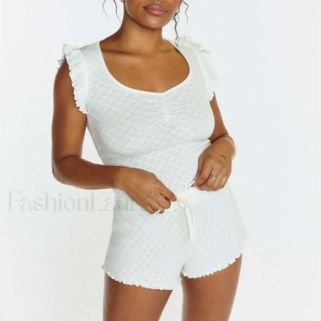 Ruffles Button Front Tank Top Shorts Two Piece Set WHITE / S
