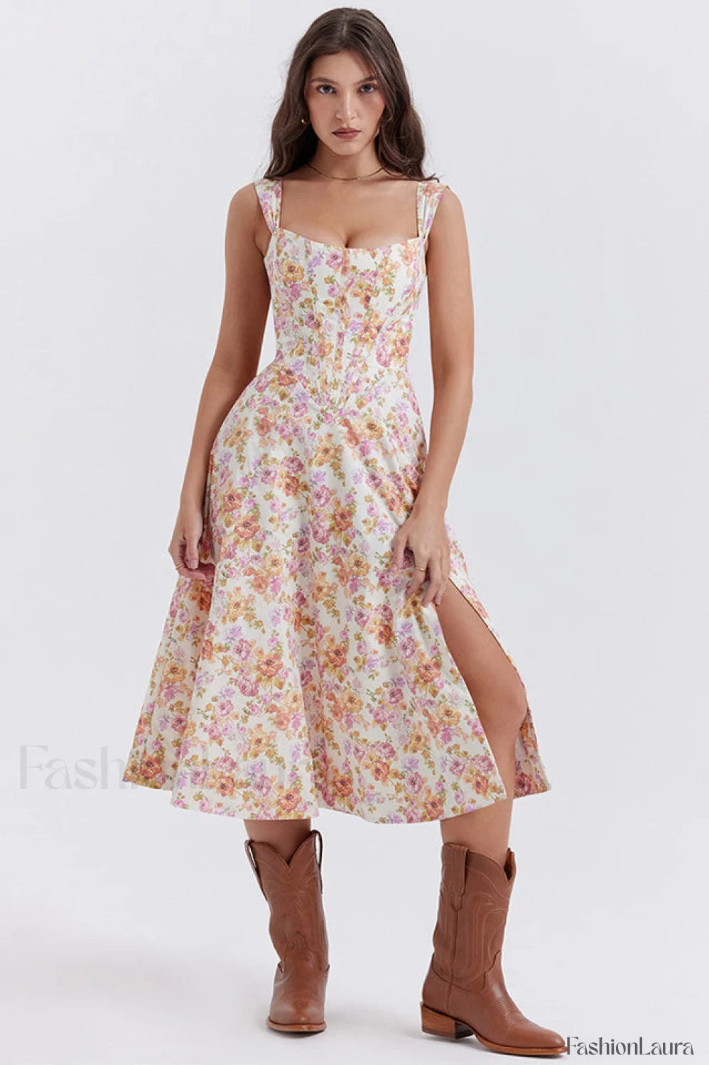 Saira Floral Stylish Print Midi Sundress S / Ivory