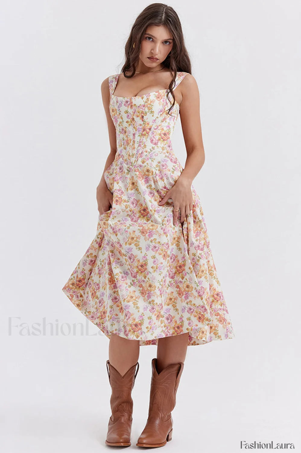 Saira Floral Stylish Print Midi Sundress XS / Ivory