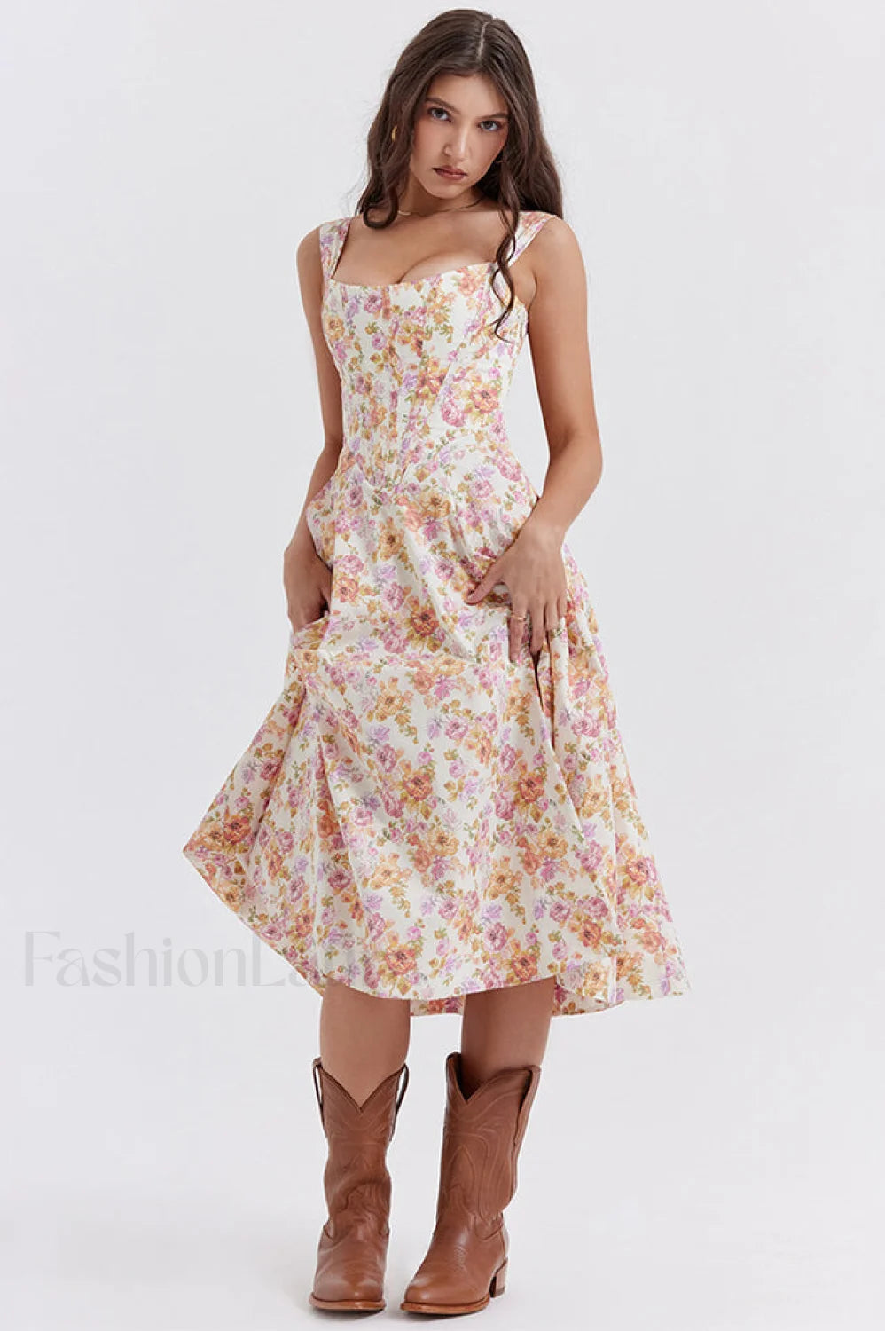 Saira Floral Stylish Print Midi Sundress XS / Ivory