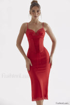 Salma Satin Stylish Slip Midi Dress XS / Red