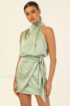 Santorini Satin Stylish Mini Dress S / Soft Khaki
