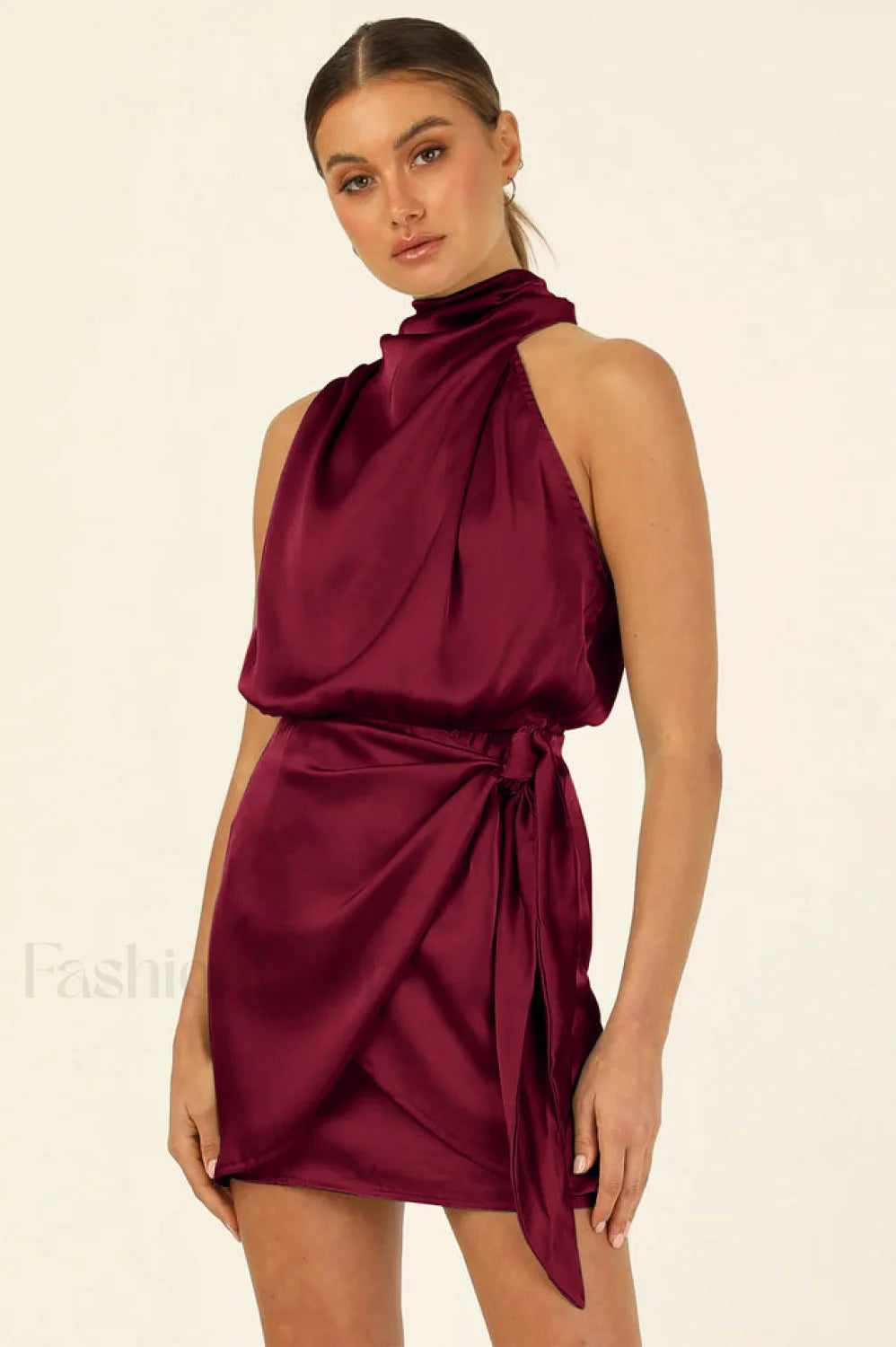 Santorini Satin Stylish Mini Dress S / Burgundy