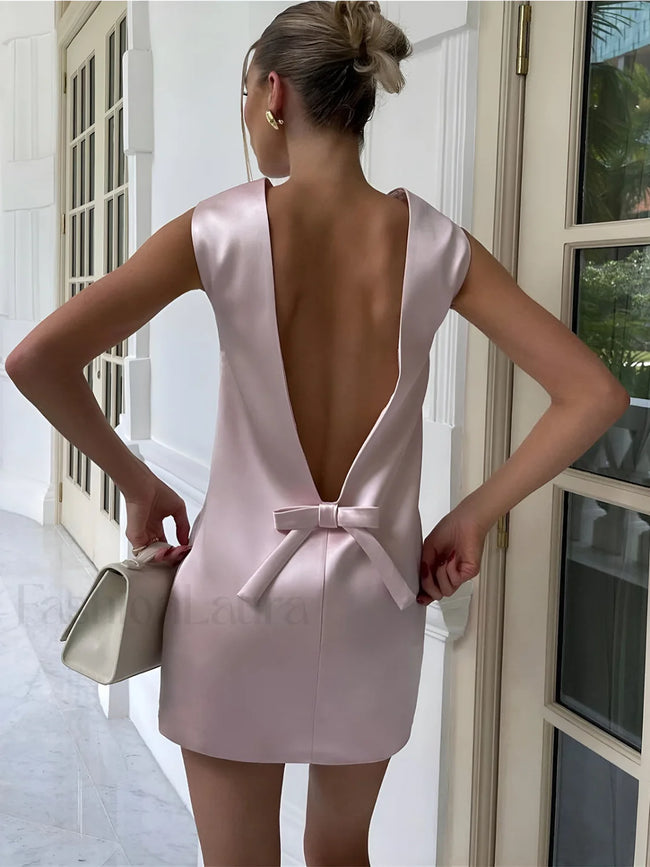 Satin Backless Bow Detail Short Dress Pink / XS Dresses Main image