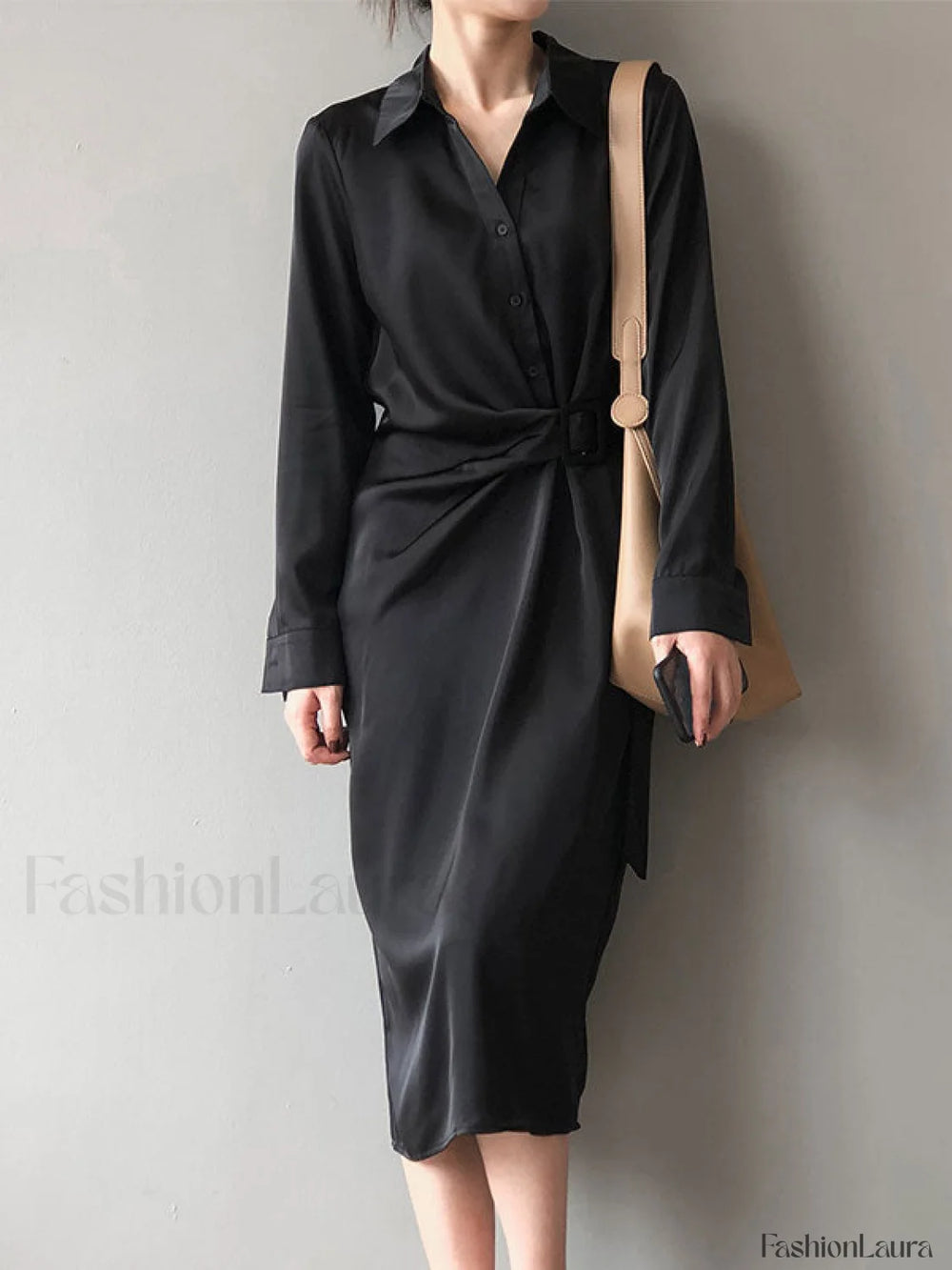 Satin Belted Long Sleeve Shirt Midi Dress Black / S Midi Dresses