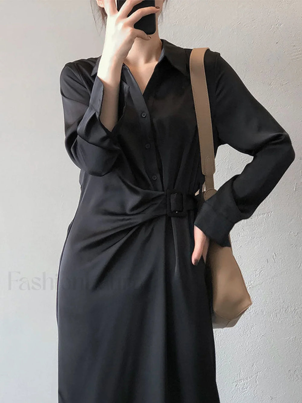 Satin Belted Long Sleeve Shirt Midi Dress Midi Dresses