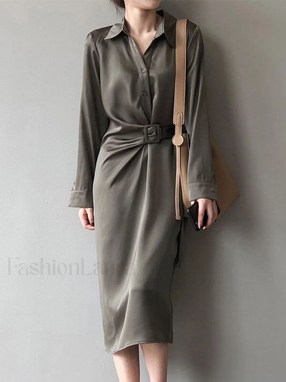 Satin Belted Long Sleeve Shirt Midi Dress Midi Dresses