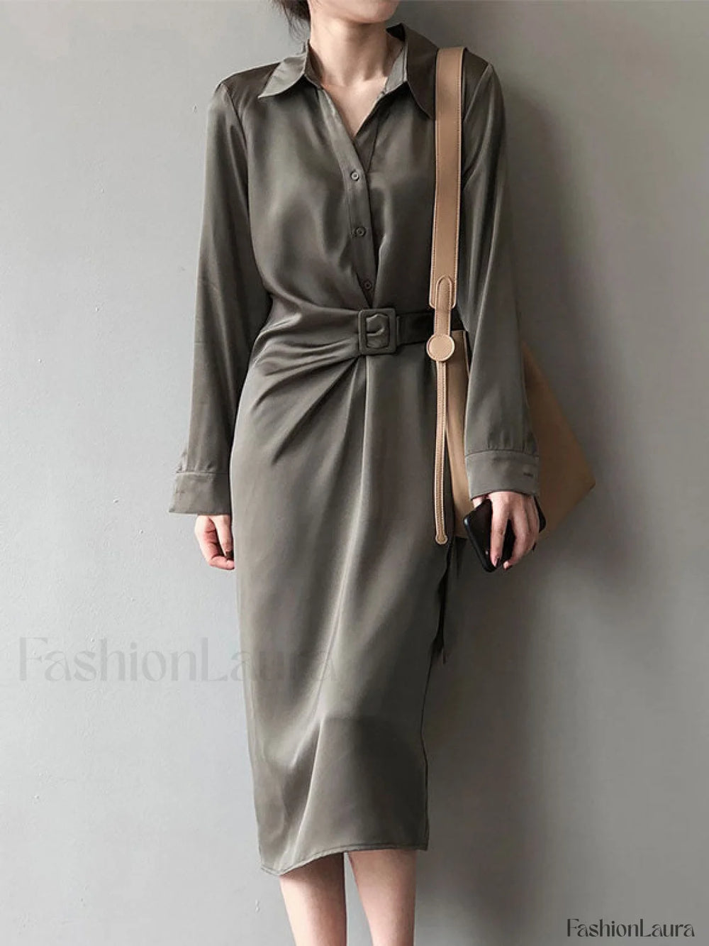 Satin Belted Long Sleeve Shirt Midi Dress Midi Dresses
