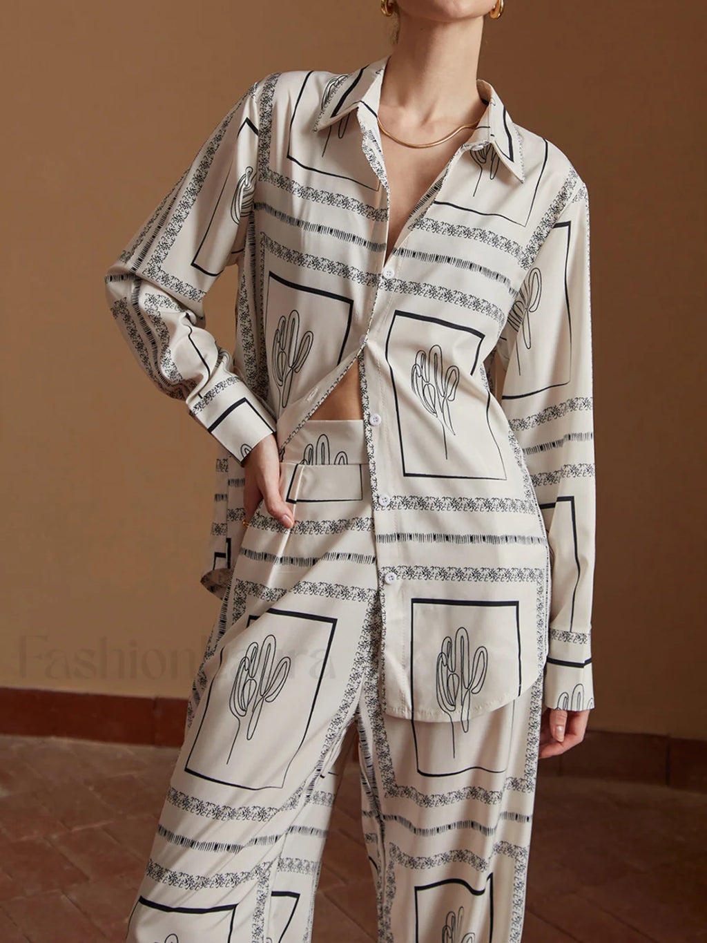 Satin Cactus Print Pants Set Pant Sets