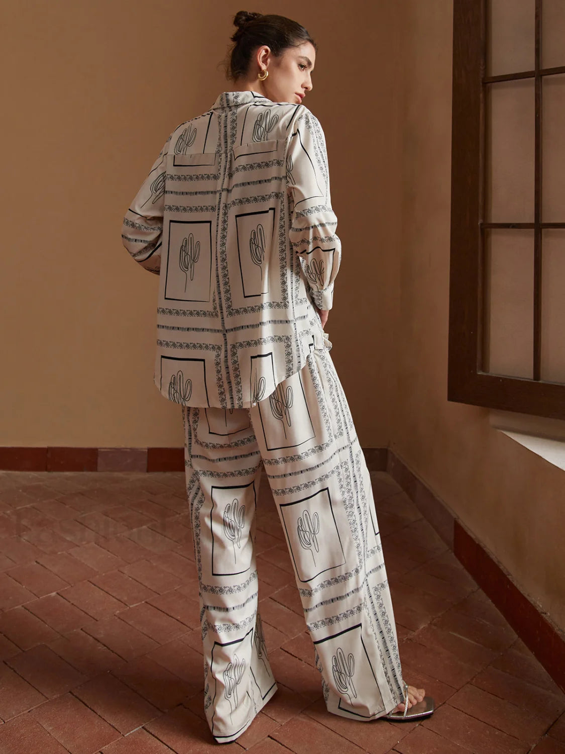 Satin Cactus Print Pants Set Pant Sets