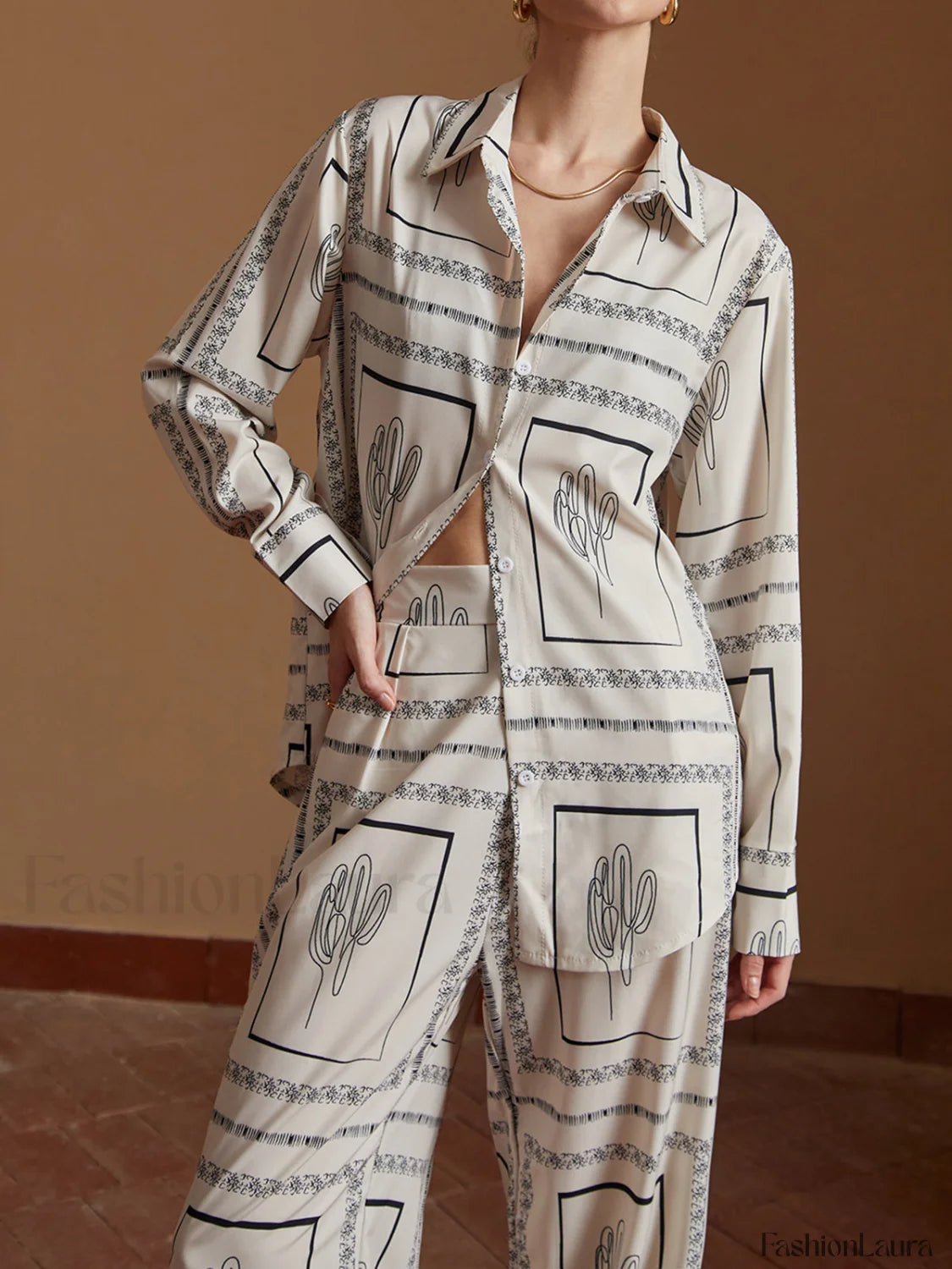 Satin Cactus Print Pants Set Pant Sets