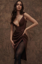 Satin Corset Stylish Midi Dress S / Chocolate