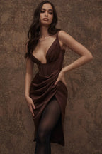 Satin Corset Stylish Midi Dress S / Chocolate