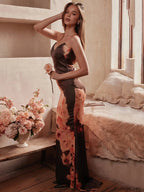 Satin Floral Spaghetti Maxi Dress