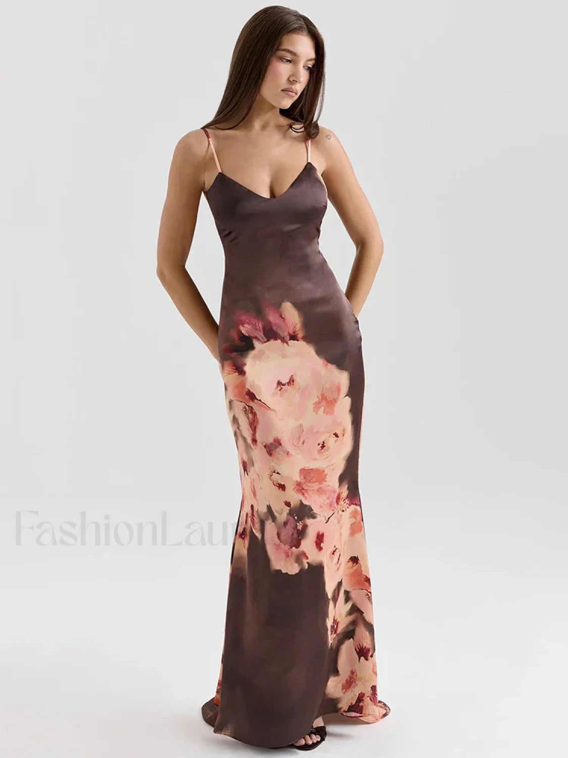 Satin Floral Spaghetti Maxi Dress Black / XS Main image