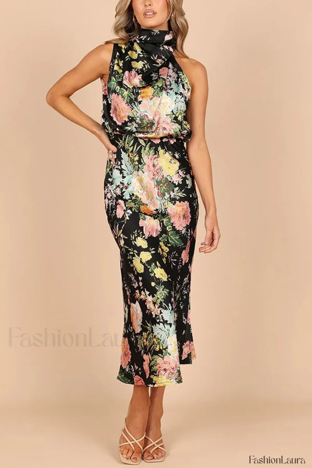 Satin Halter A Line Floral Dress Black / S