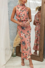 Satin Halter A Line Floral Dress Pink Print / S