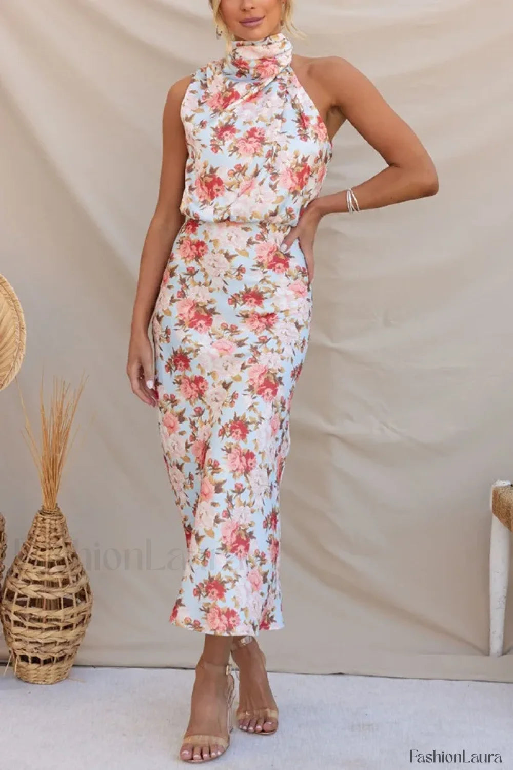 Satin Halter A Line Floral Dress Sky Blue Printing / S