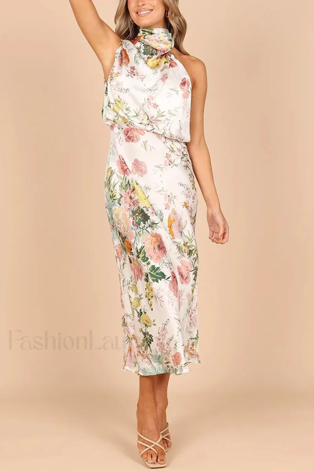 Satin Halter A Line Floral Dress White printed / S
