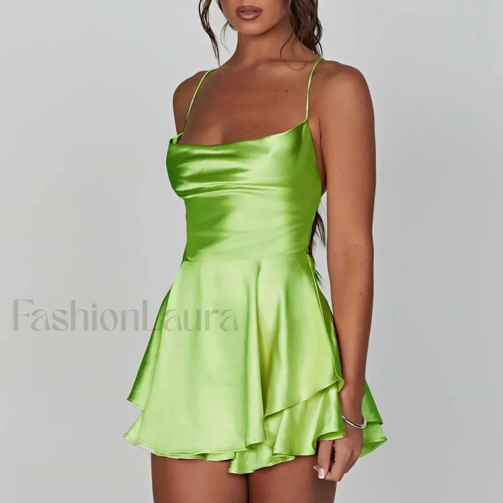 Satin Halter Pendant Mini Dress Light Green / S