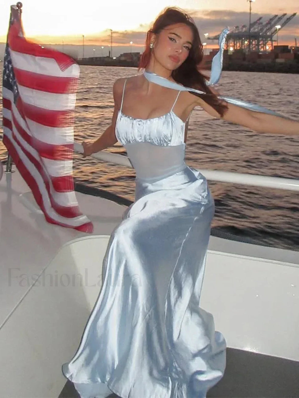 Satin Mesh Patchwork Ruffle Maxi Dress