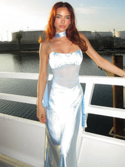 Satin Mesh Patchwork Ruffle Maxi Dress