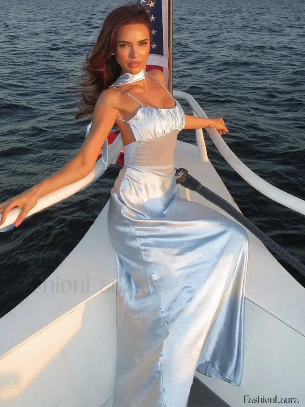 Satin Mesh Patchwork Ruffle Maxi Dress