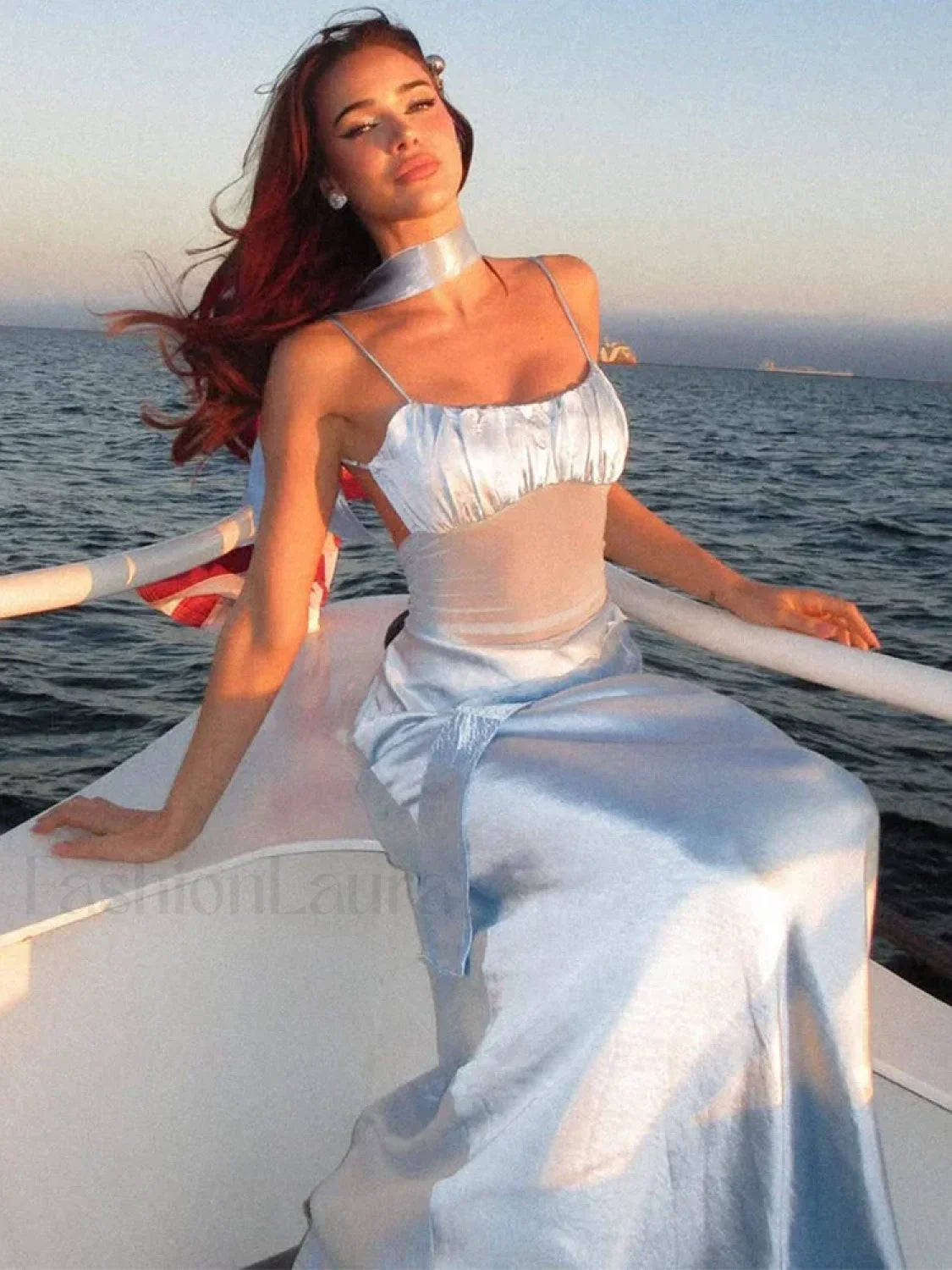 Satin Mesh Patchwork Ruffle Maxi Dress Blue / S Main image