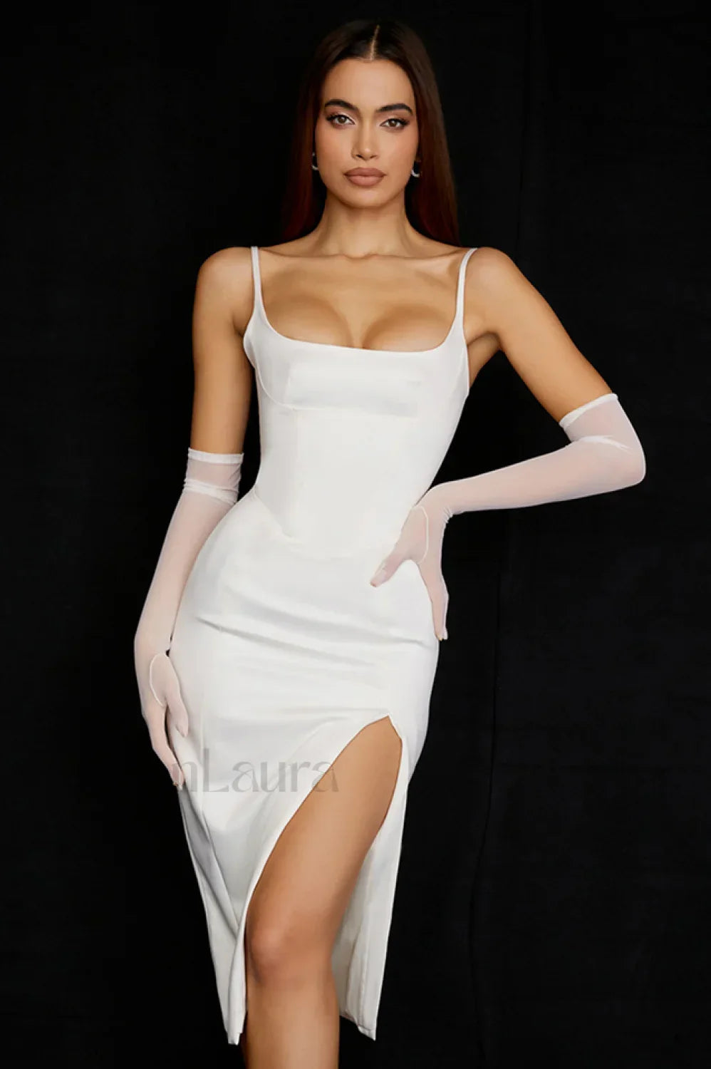 Satin Pleated Stylish Corset Midi Dress XS / Ivory