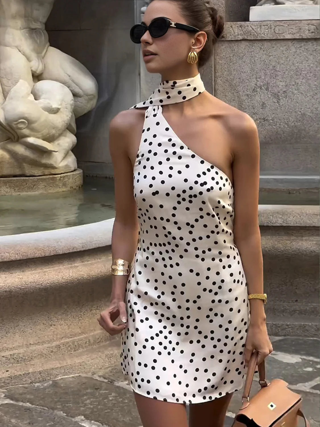 Satin Polka Dot Asymmetrical Dress Dresses