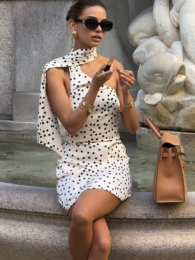 Satin Polka Dot Asymmetrical Dress Off White / XS Dresses Main image