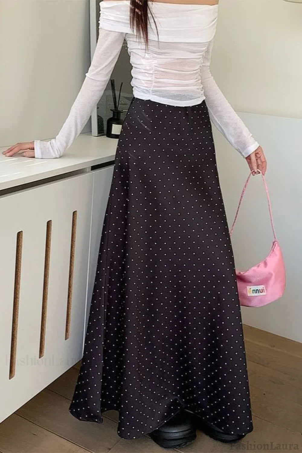 Satin Polka Dot High Waist Mermaid Skirt Black / S