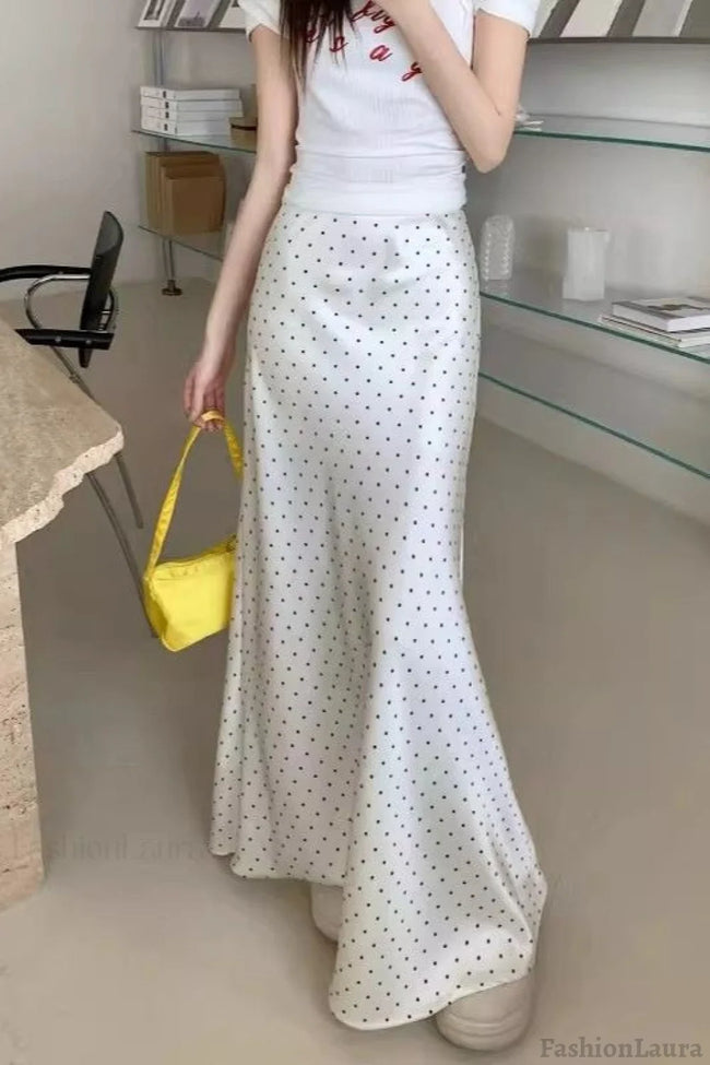 Satin Polka Dot High Waist Mermaid Skirt White / S Main image