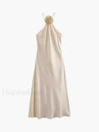 Satin Rosette Decor Halter Midi Dress Dresses