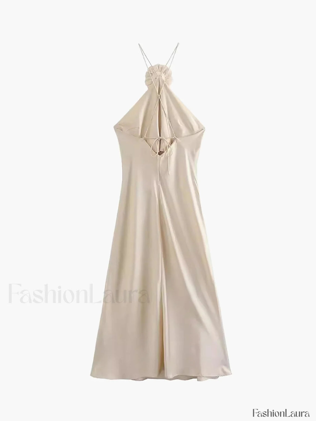 Satin Rosette Decor Halter Midi Dress Dresses