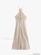 Satin Rosette Decor Halter Midi Dress Dresses