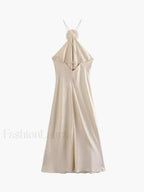 Satin Rosette Decor Halter Midi Dress Dresses