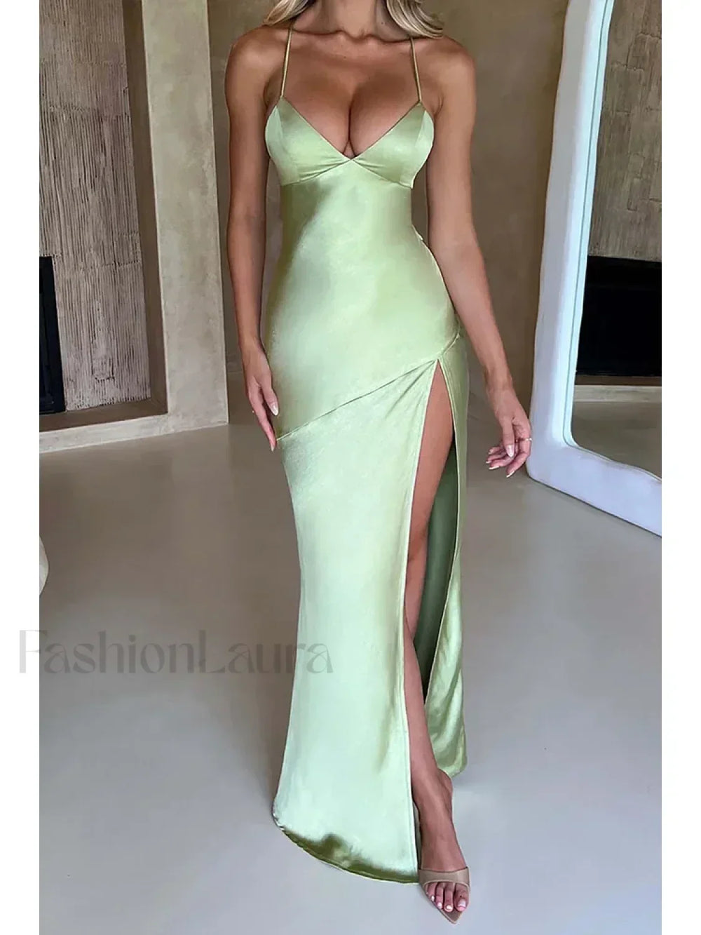 Satin Split Lace Up Maxi Dress Green / XXS